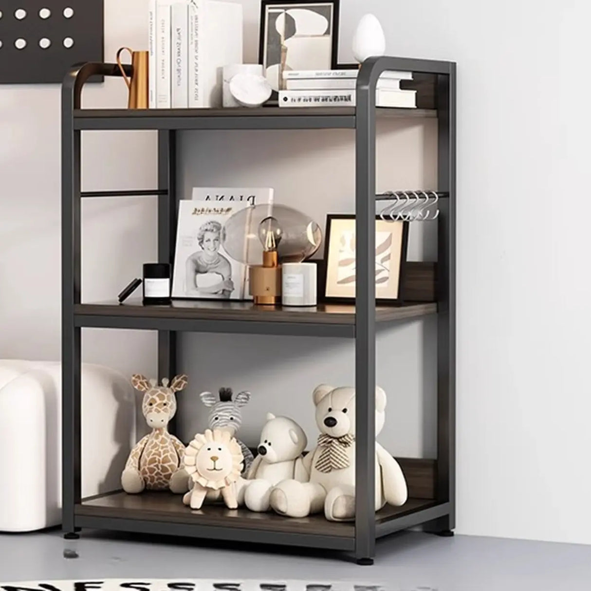 Brown Wooden Rectangle Open Metal Frame Wide Bookcase Image - 9