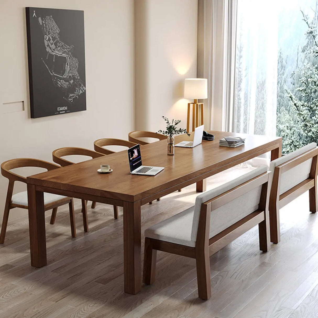 Brown Wooden Rectangular Writing Desk for Eight Image - 2