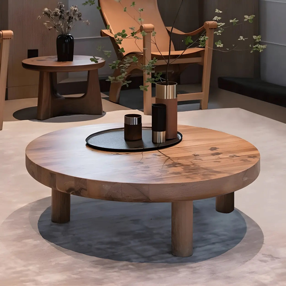 Brown Wooden Round Coffee Table with Three Legs Image - 1