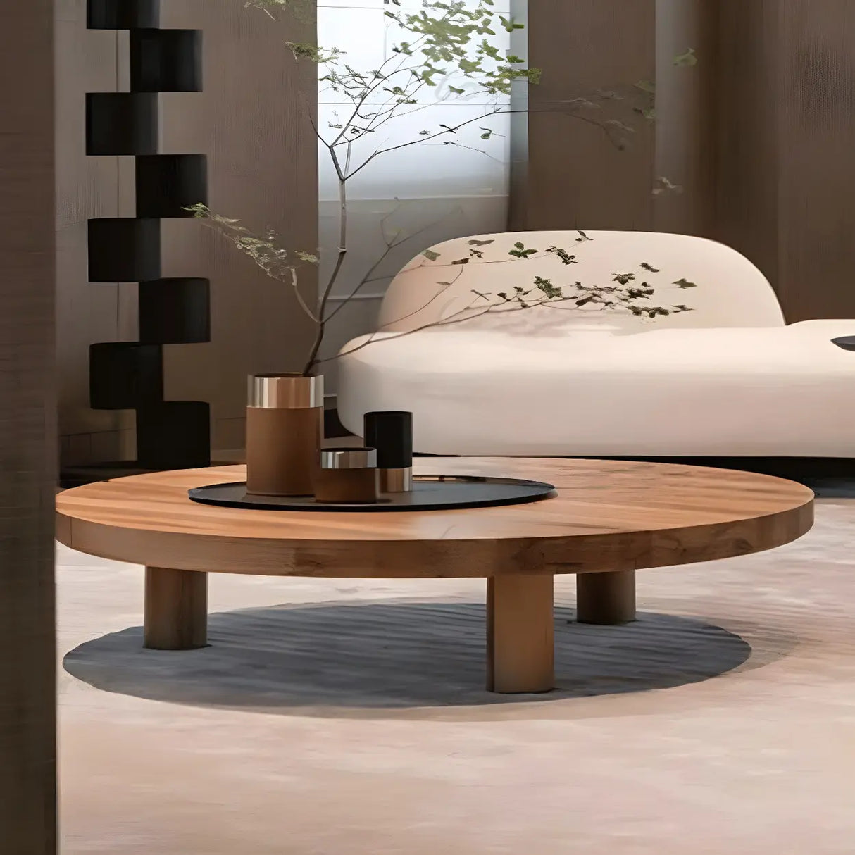 Brown Wooden Round Coffee Table with Three Legs Image - 3