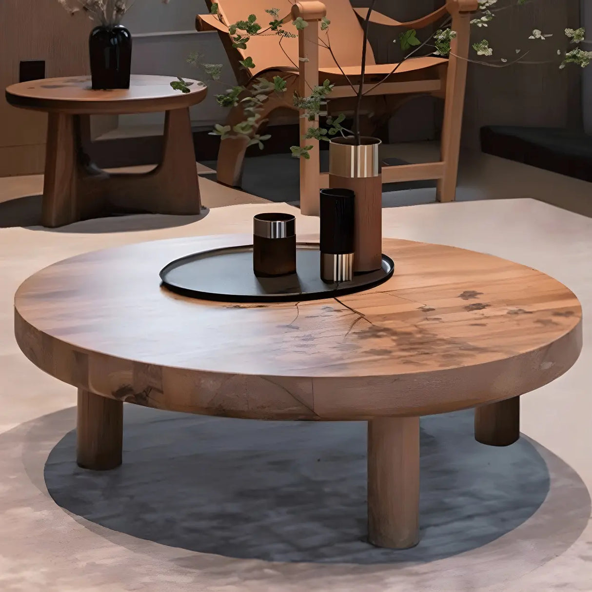 Brown Wooden Round Coffee Table with Three Legs Image - 4