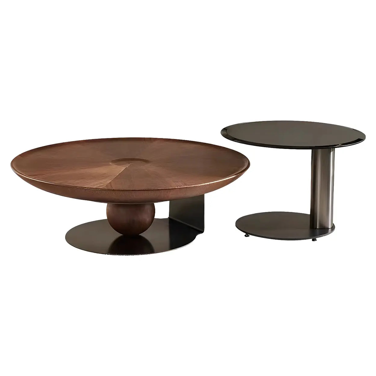 Brown Wooden Tray Top Steel Base Round Coffee Table Image - 10