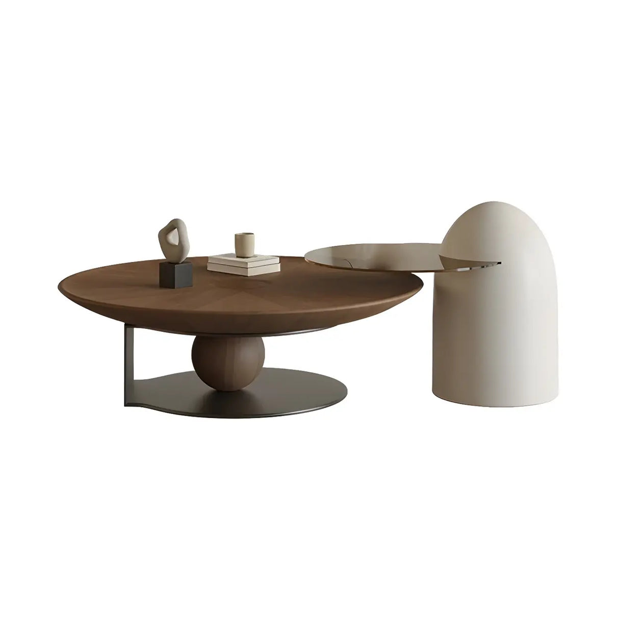 Brown Wooden Tray Top Steel Base Round Coffee Table Image - 11