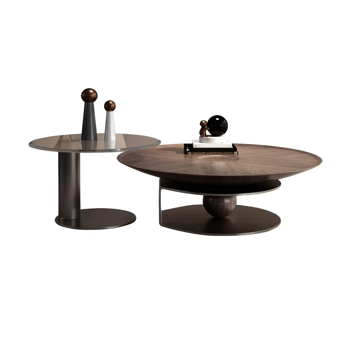 Brown Wooden Tray Top Steel Base Round Coffee Table Image - 12