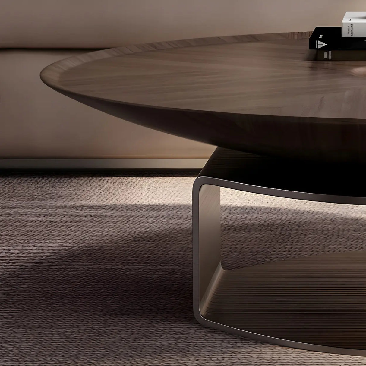 Brown Wooden Tray Top Steel Base Round Coffee Table Image - 14