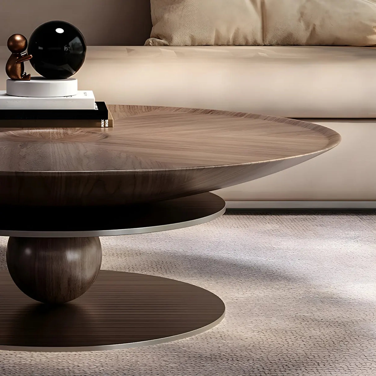 Brown Wooden Tray Top Steel Base Round Coffee Table Image - 15