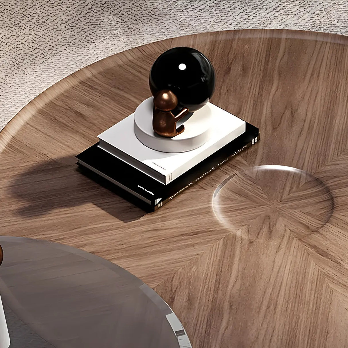 Brown Wooden Tray Top Steel Base Round Coffee Table Image - 16