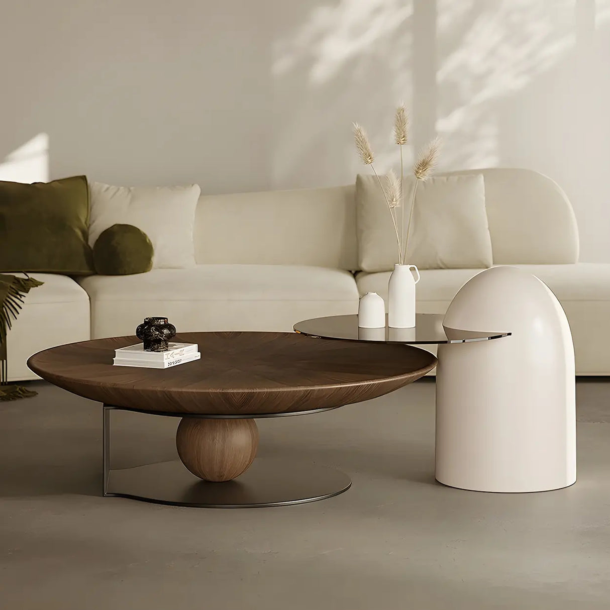 Brown Wooden Tray Top Steel Base Round Coffee Table Image - 17