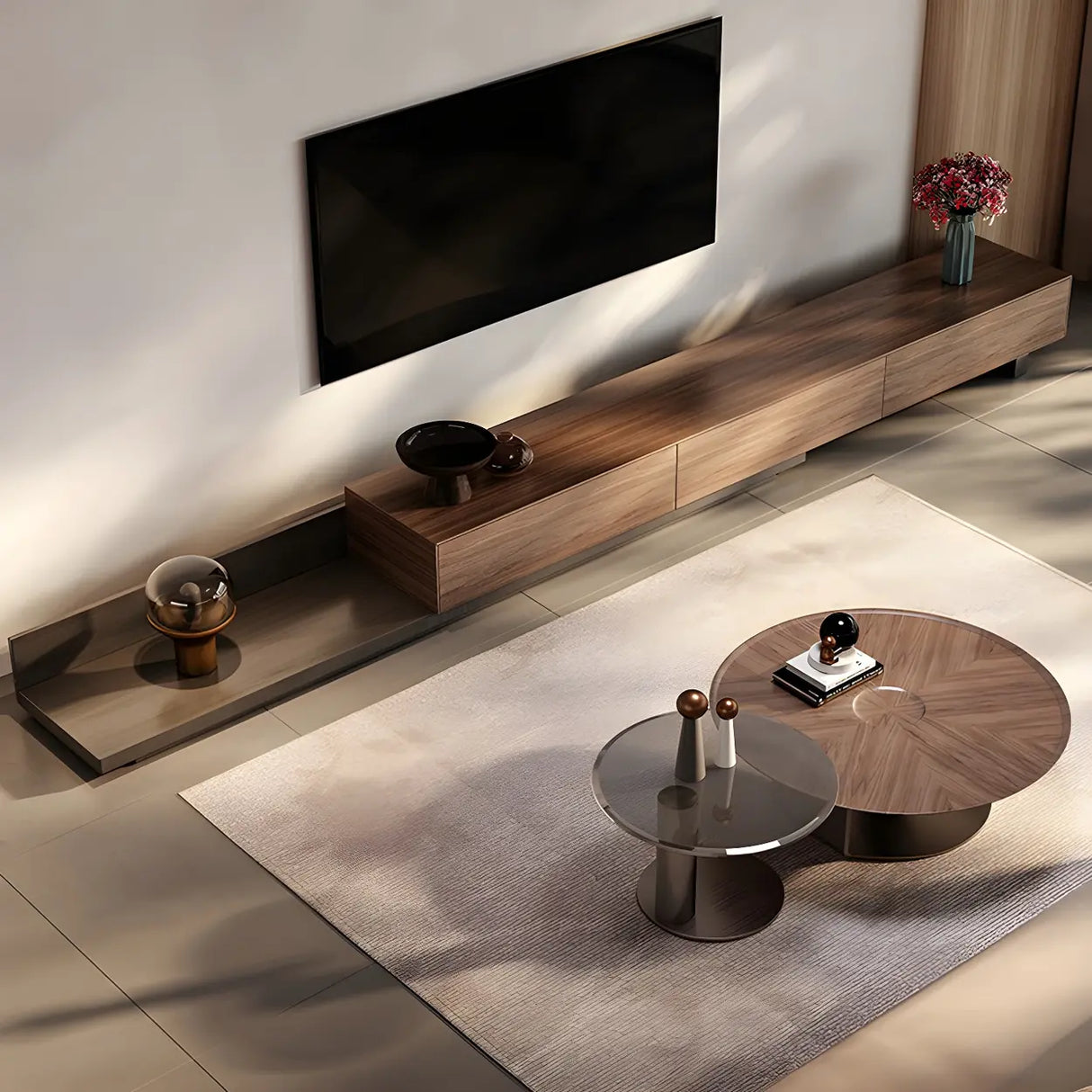 Brown Wooden Tray Top Steel Base Round Coffee Table Image - 18