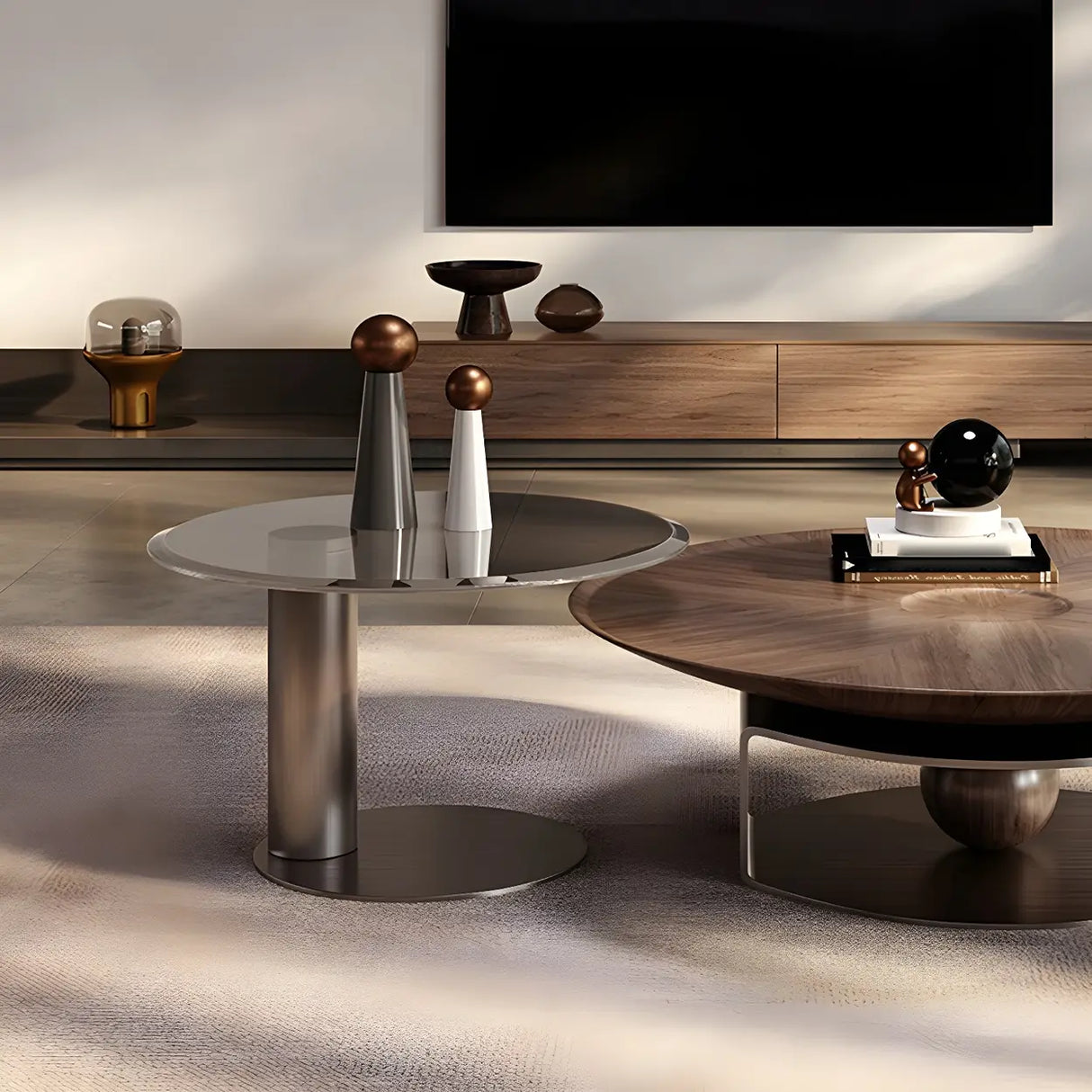 Brown Wooden Tray Top Steel Base Round Coffee Table Image - 19