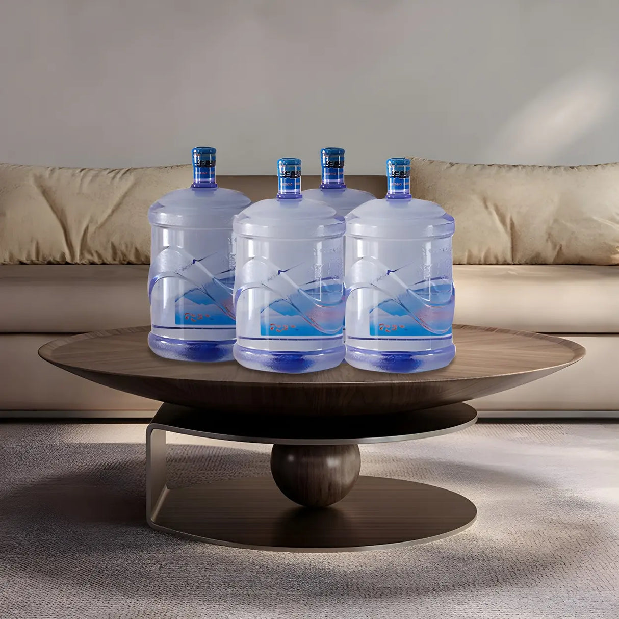 Brown Wooden Tray Top Steel Base Round Coffee Table Image - 20