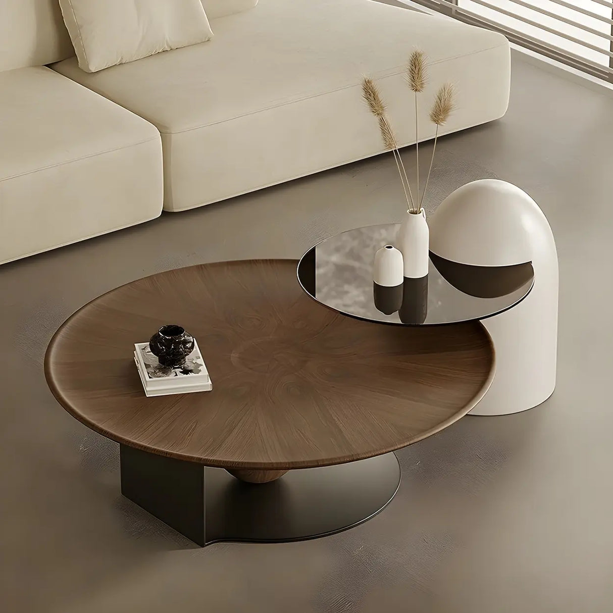 Brown Wooden Tray Top Steel Base Round Coffee Table Image - 4