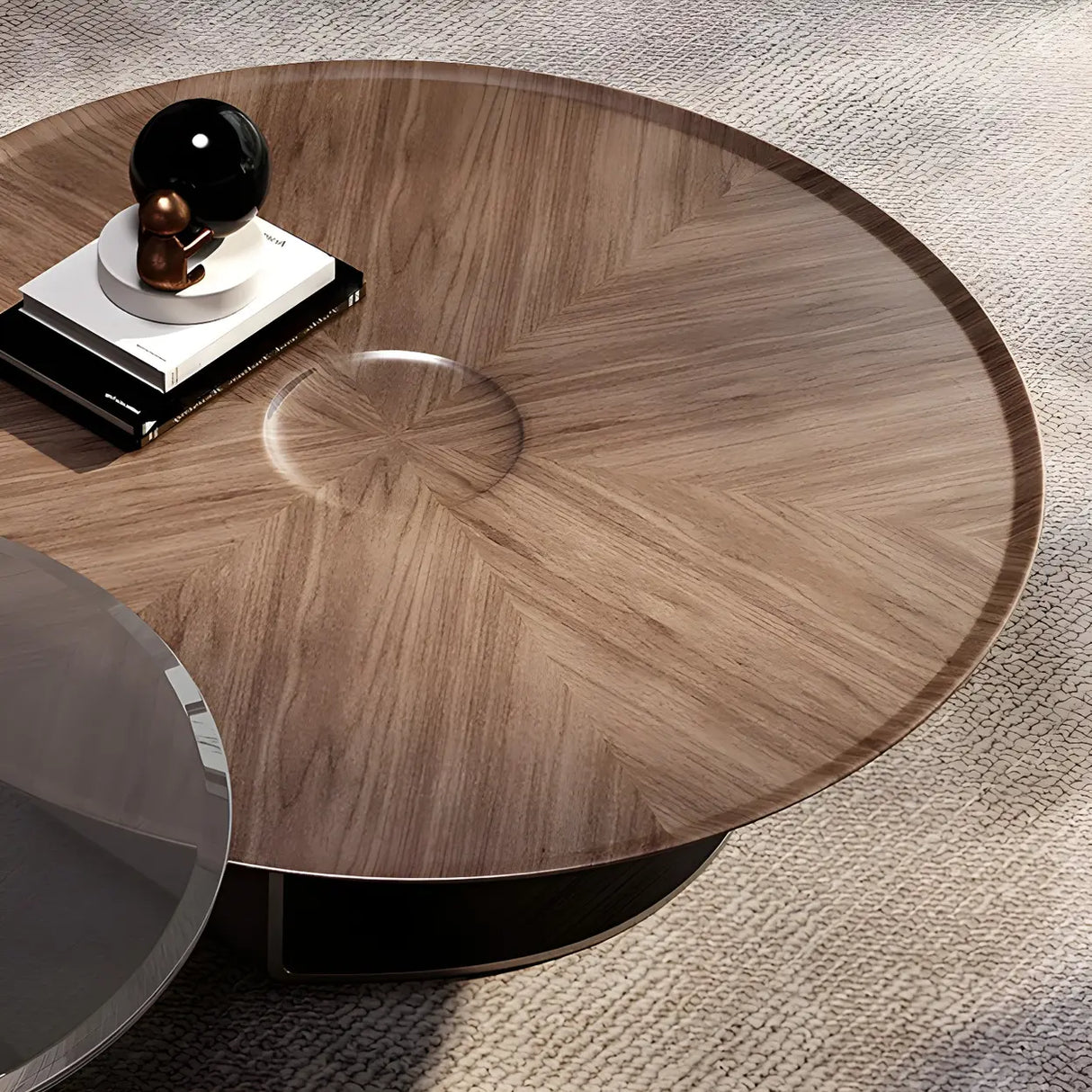 Brown Wooden Tray Top Steel Base Round Coffee Table Image - 6