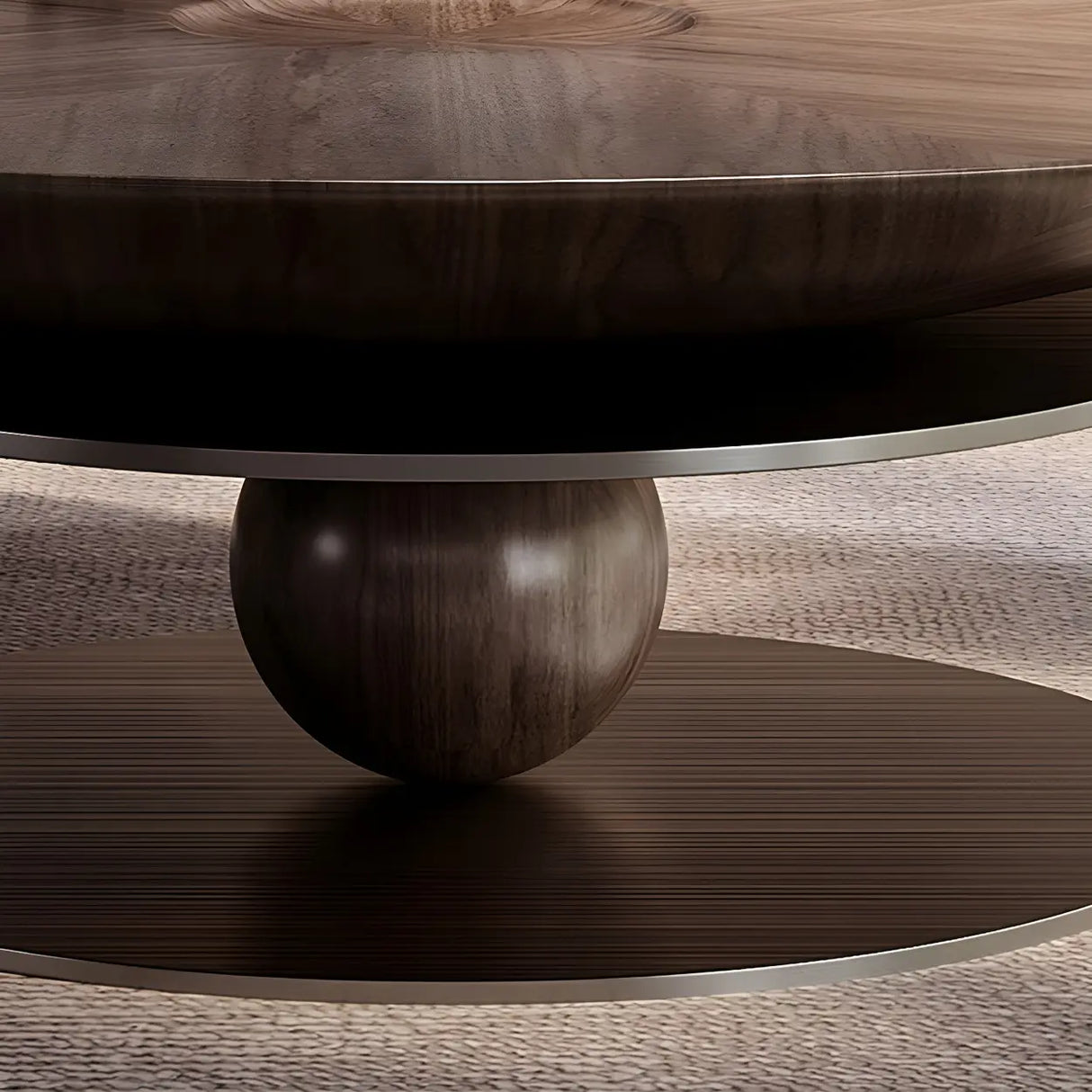 Brown Wooden Tray Top Steel Base Round Coffee Table Image - 8