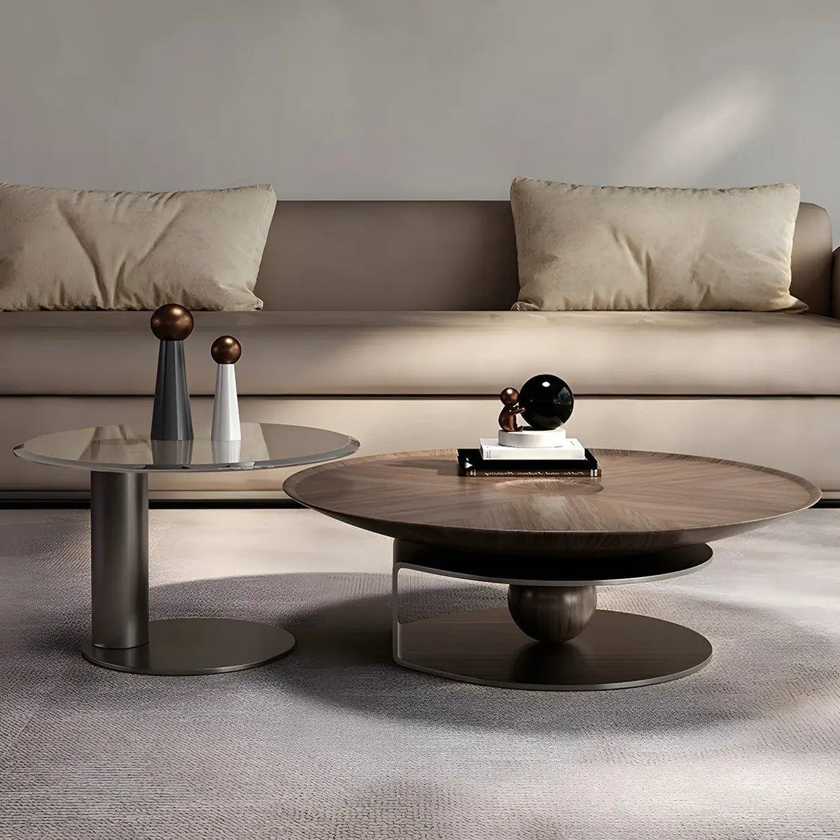 Brown Wooden Tray Top Steel Base Round Coffee Table Image - 9