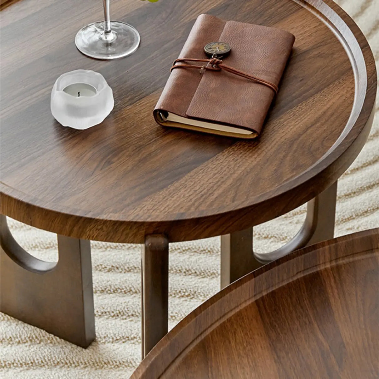 Brown Wooden Tray Top Three Leg Round Coffee Table Image - 10