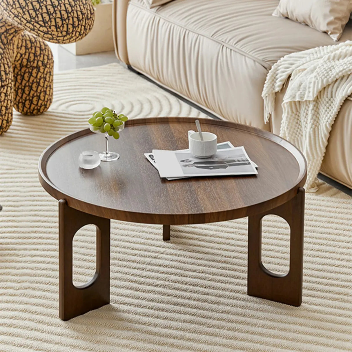 Brown Wooden Tray Top Three Leg Round Coffee Table Image - 13