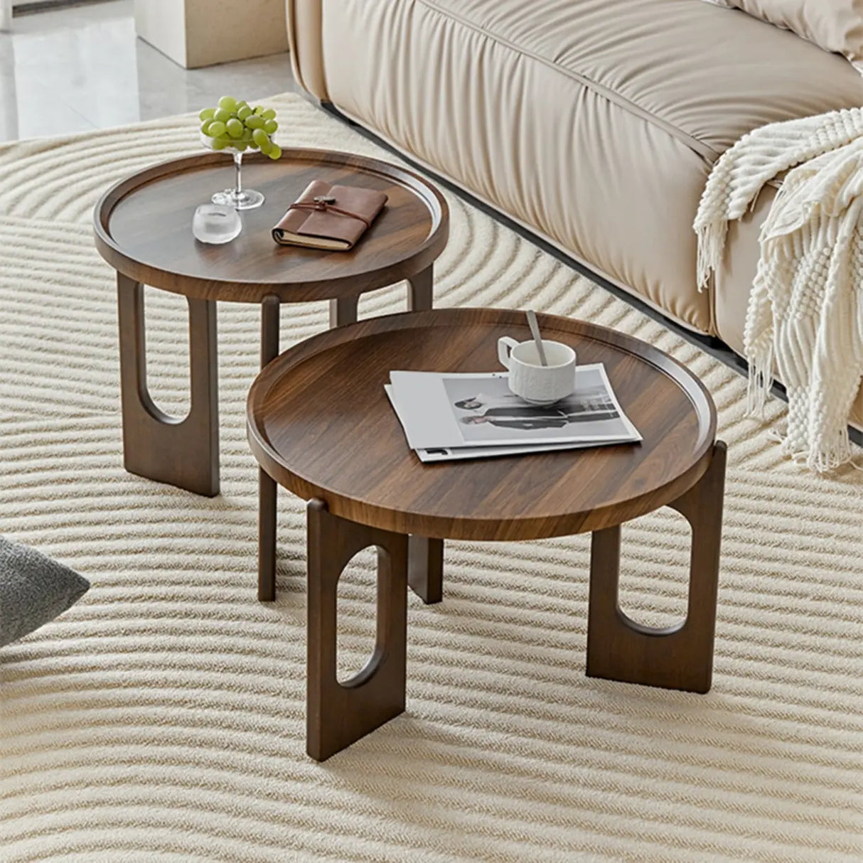 Brown Wooden Tray Top Three Leg Round Coffee Table Image - 1