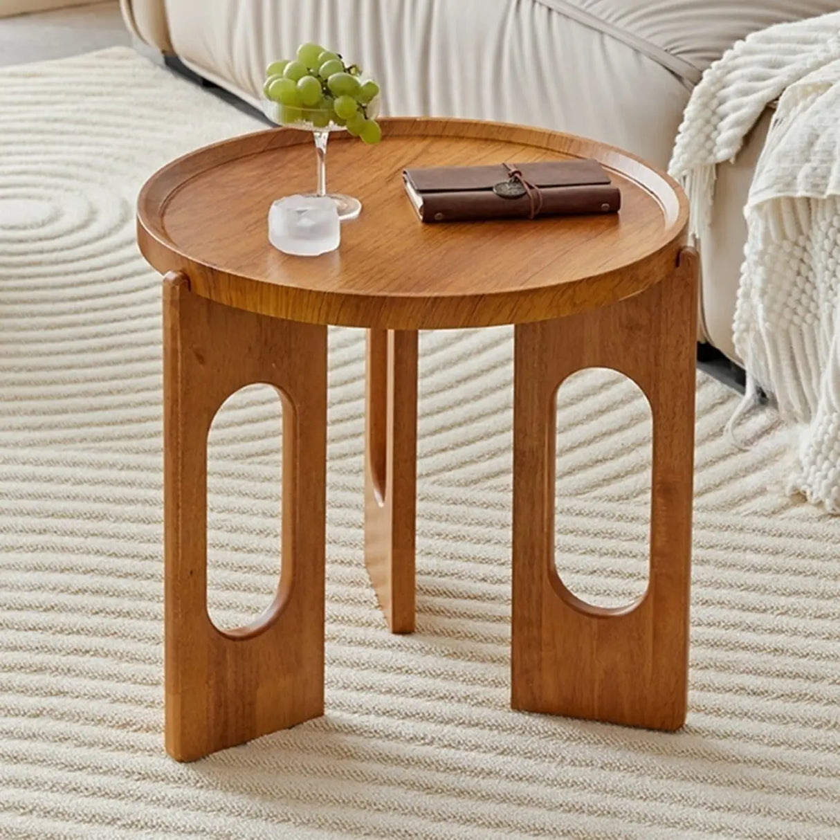 Brown Wooden Tray Top Three Leg Round Coffee Table Image - 3