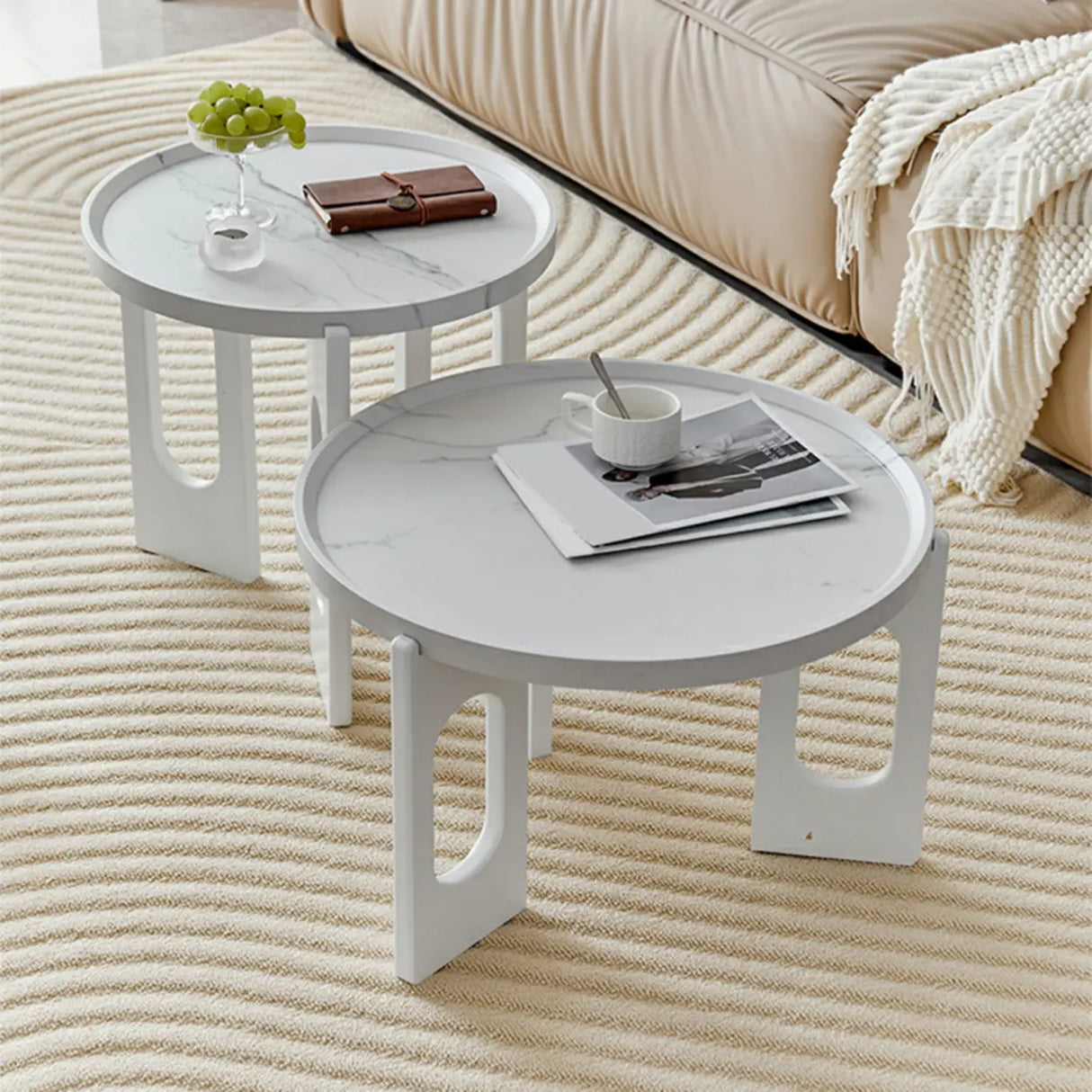 Brown Wooden Tray Top Three Leg Round Coffee Table Image - 4