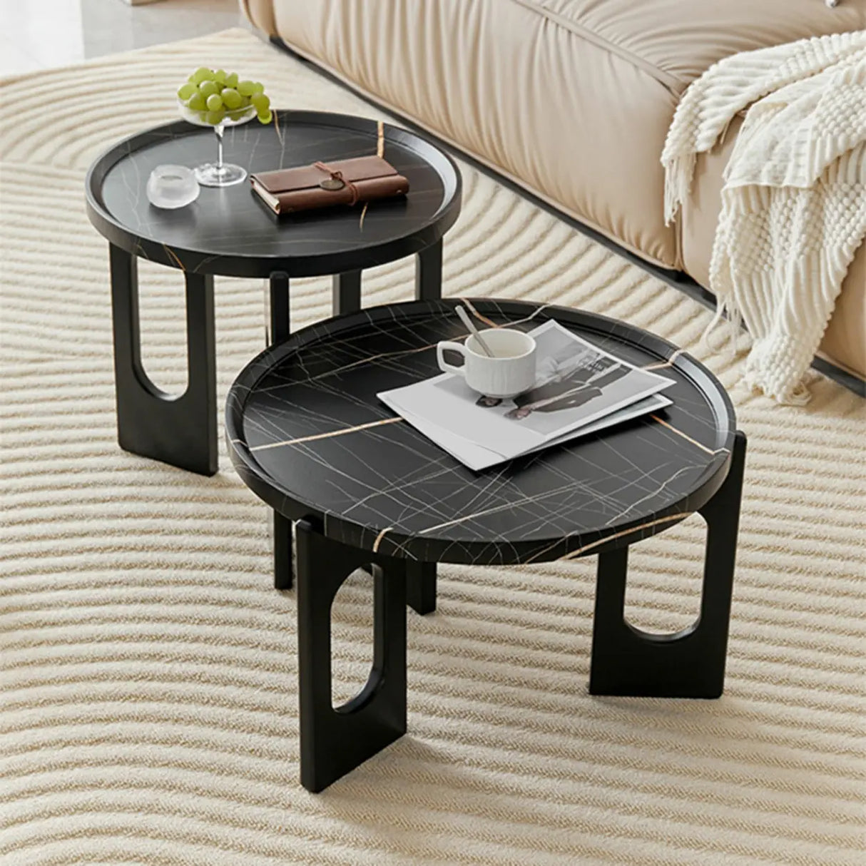 Brown Wooden Tray Top Three Leg Round Coffee Table Image - 6