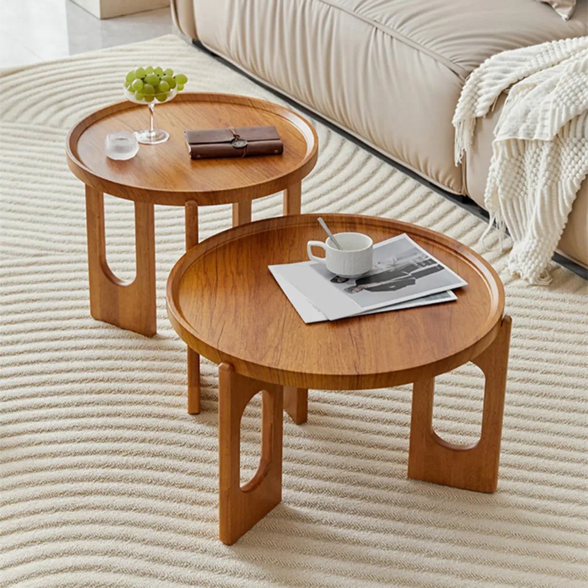 Brown Wooden Tray Top Three Leg Round Coffee Table Image - 7