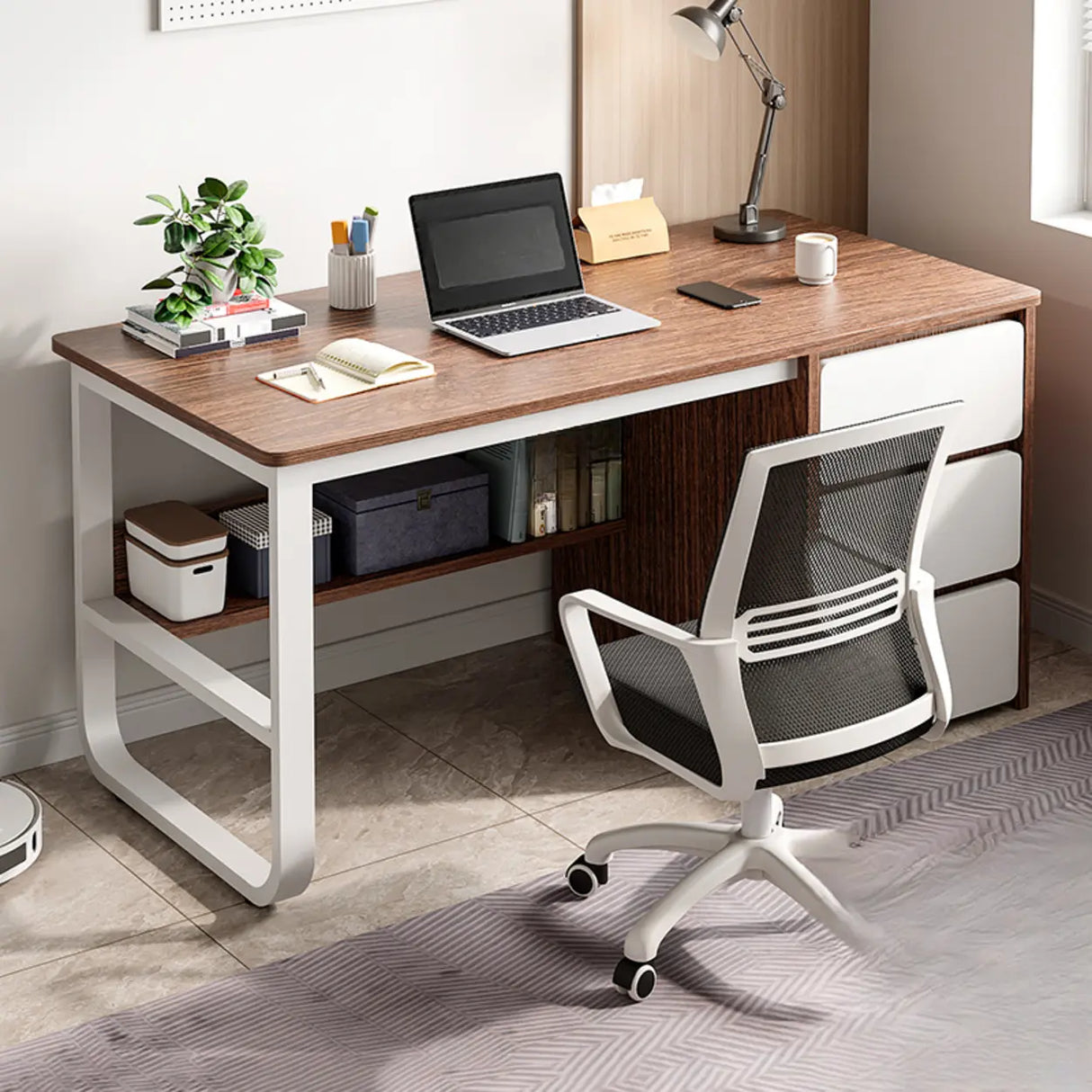 Brown Wooden Writing Desk with Drawers and Shelves Image - 1