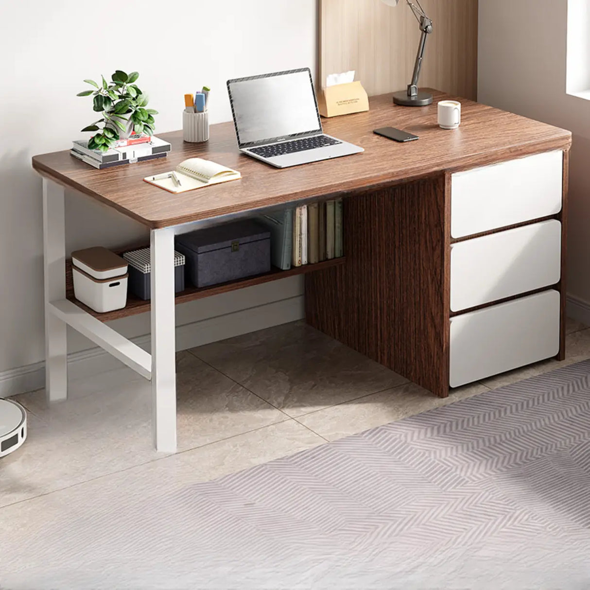 Brown Wooden Writing Desk with Drawers and Shelves Image - 2