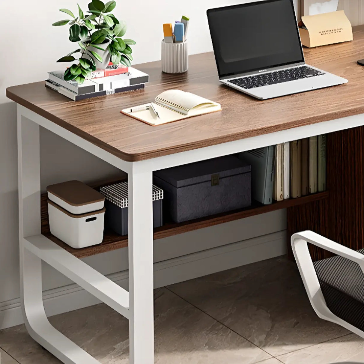 Brown Wooden Writing Desk with Drawers and Shelves Image - 6