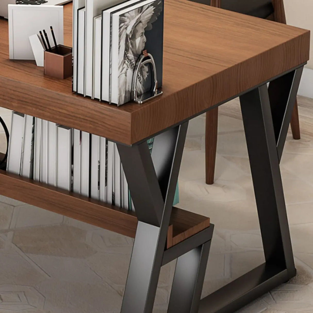 Brown Wooden Writing Desk with Shelves and Drawers Image - 10