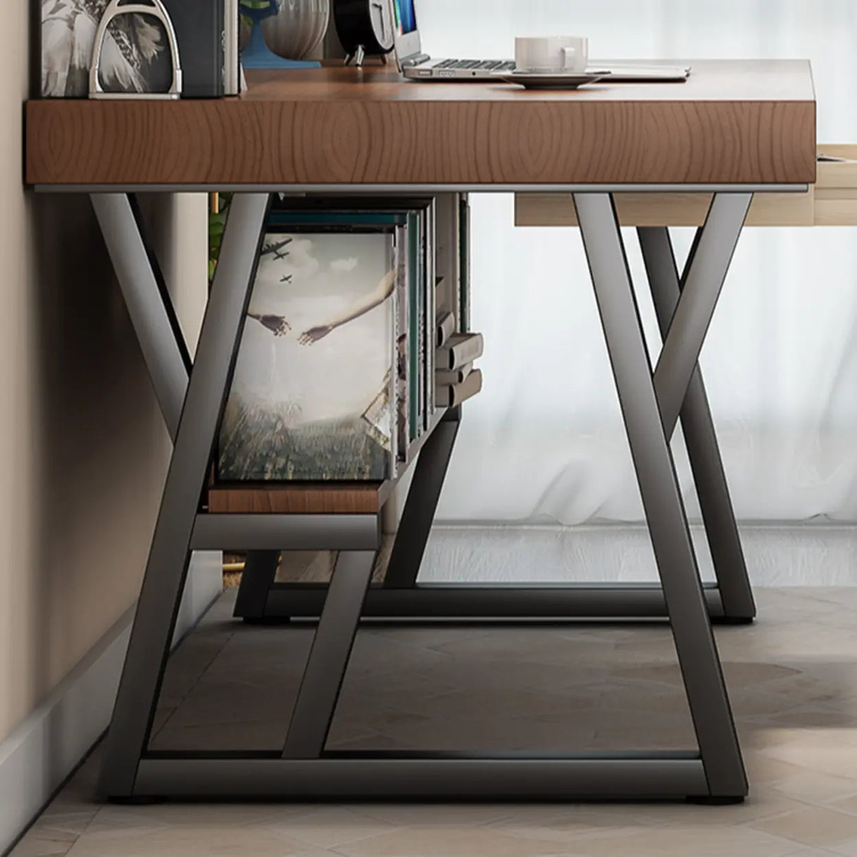 Brown Wooden Writing Desk with Shelves and Drawers Image - 11