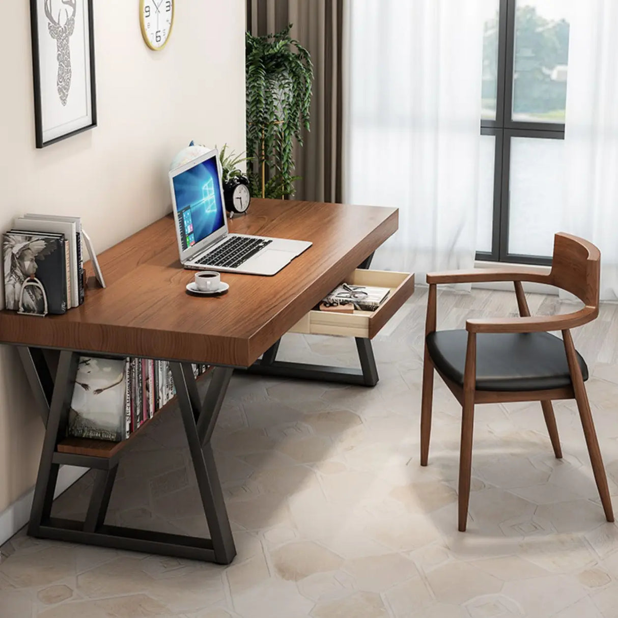 Brown Wooden Writing Desk with Shelves and Drawers Image - 1