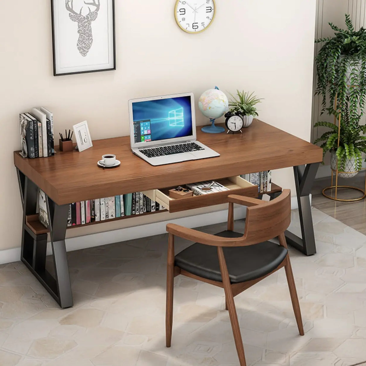Brown Wooden Writing Desk with Shelves and Drawers Image - 3