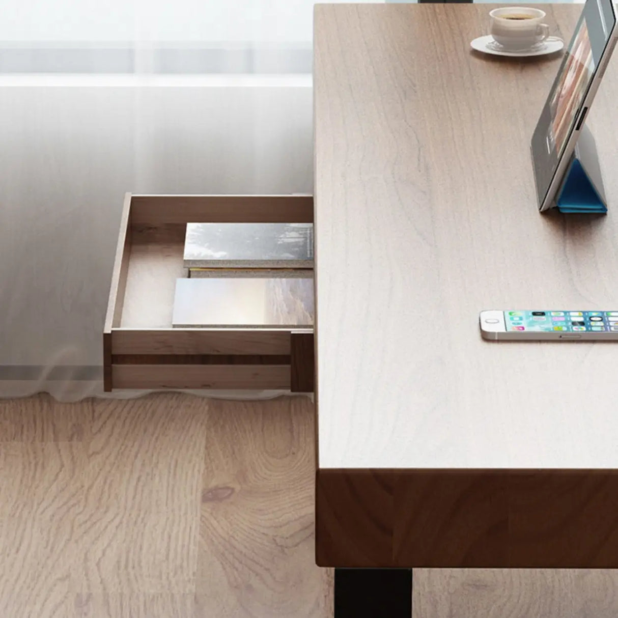 Brown Wooden Writing Desk with Shelves and Drawers Image - 8
