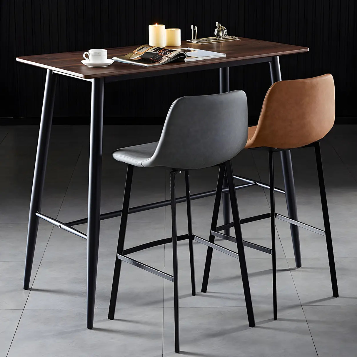 Bucket Leather Seat Low Back Iron Four Legs Bar Stool Image - 25