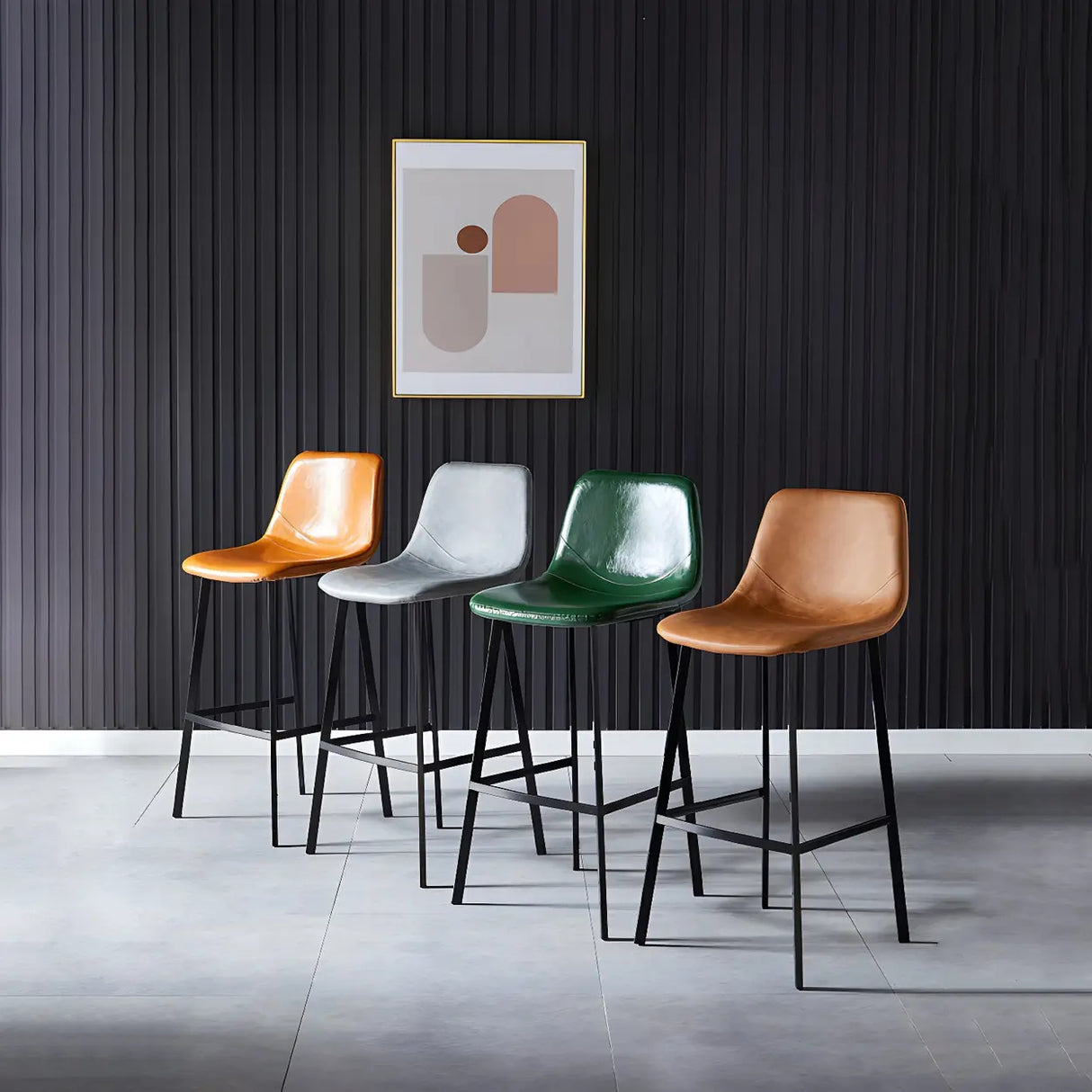 Bucket Leather Seat Low Back Iron Four Legs Bar Stool Image - 5