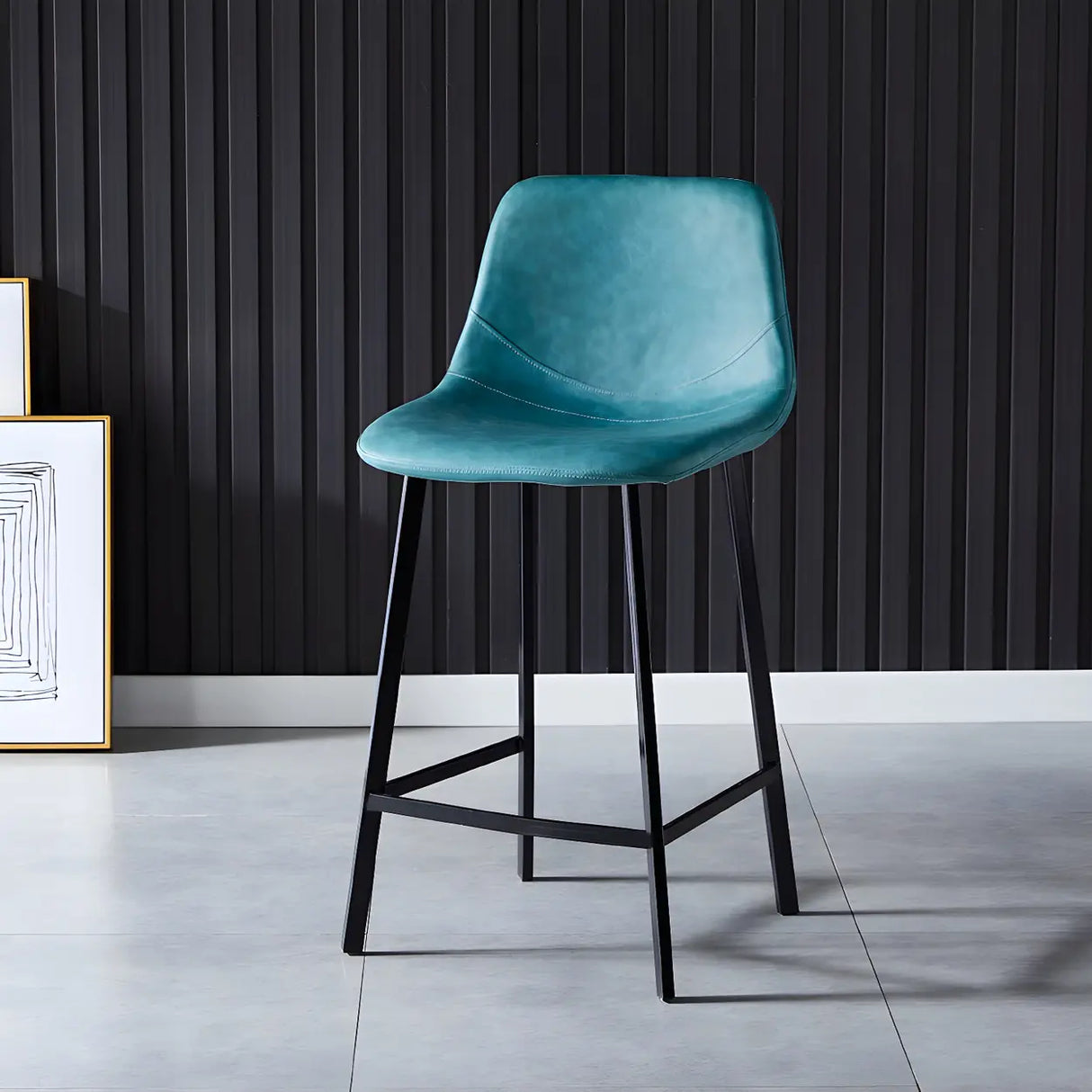 Bucket Leather Seat Low Back Iron Four Legs Bar Stool Image - 60