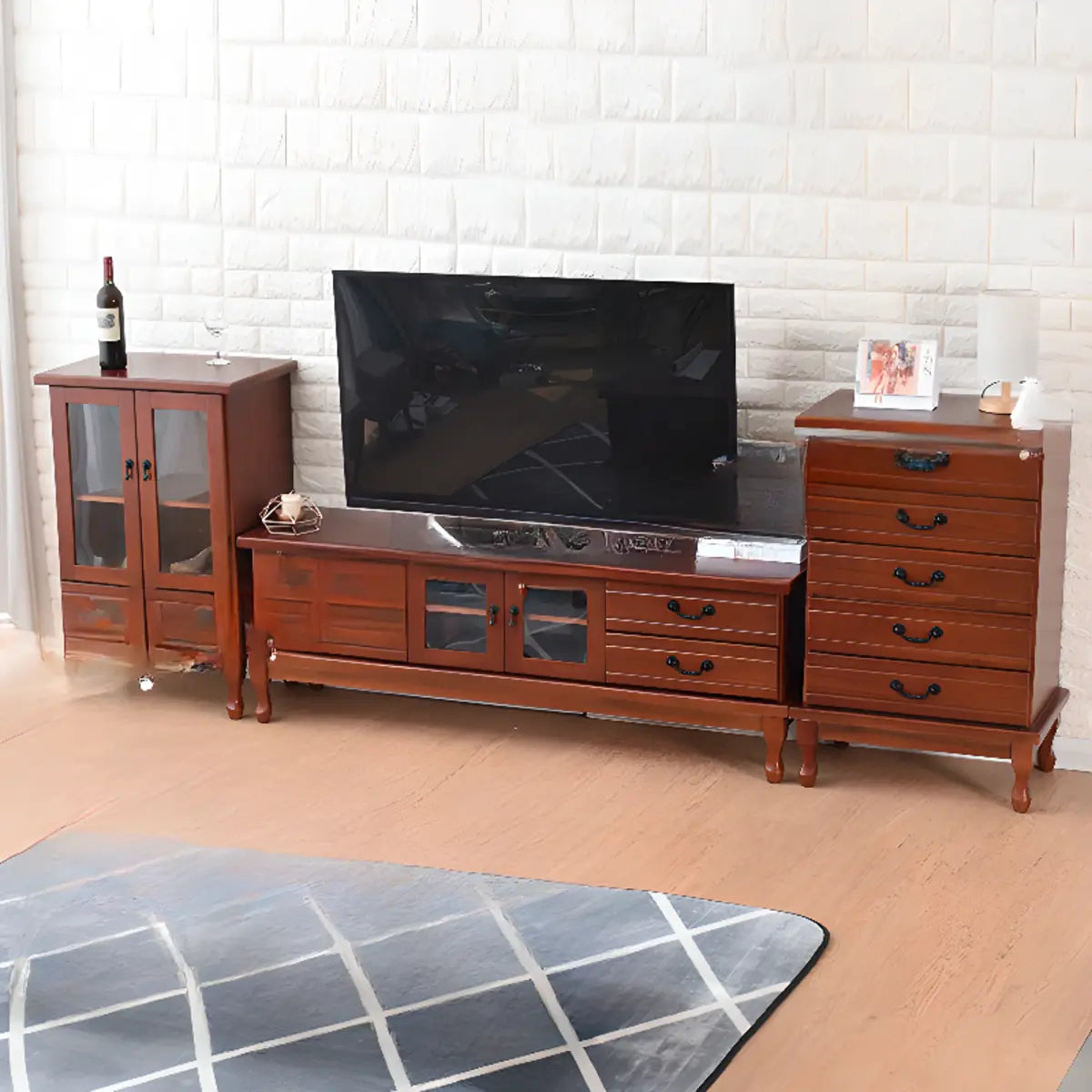 Burgundy Wooden TV Stand with Drawers and Cabinet Image - 1