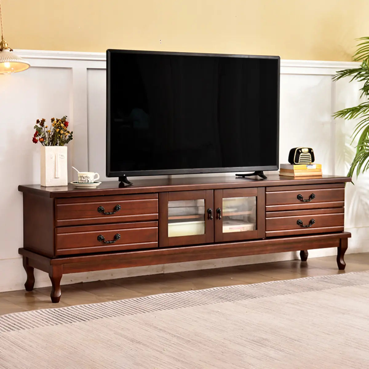 Burgundy Wooden TV Stand with Drawers and Cabinet Image - 11