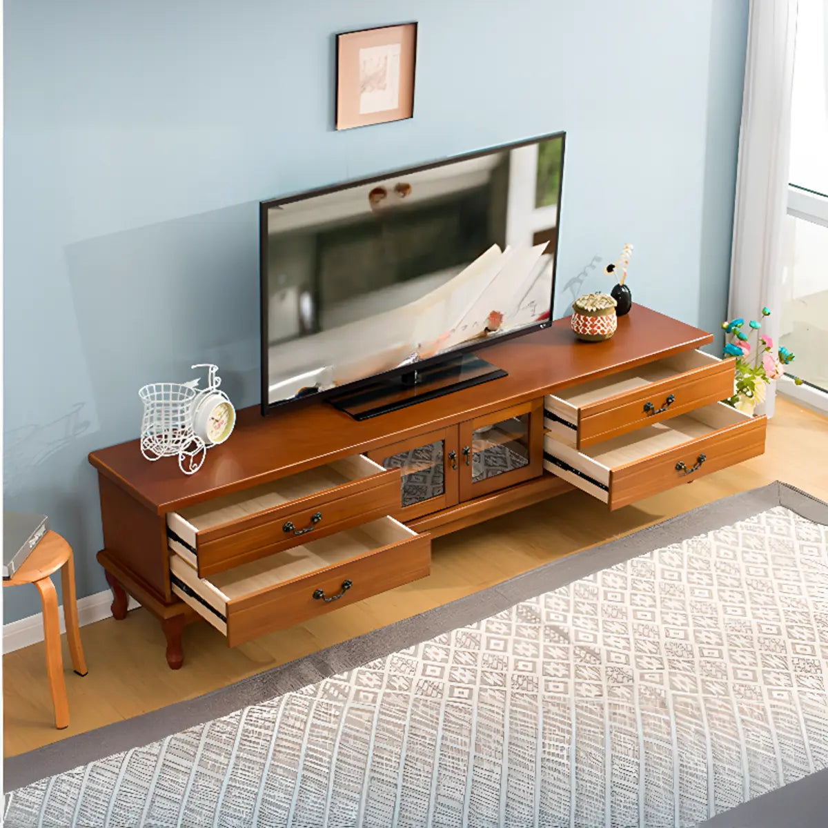 Burgundy Wooden TV Stand with Drawers and Cabinet Image - 13