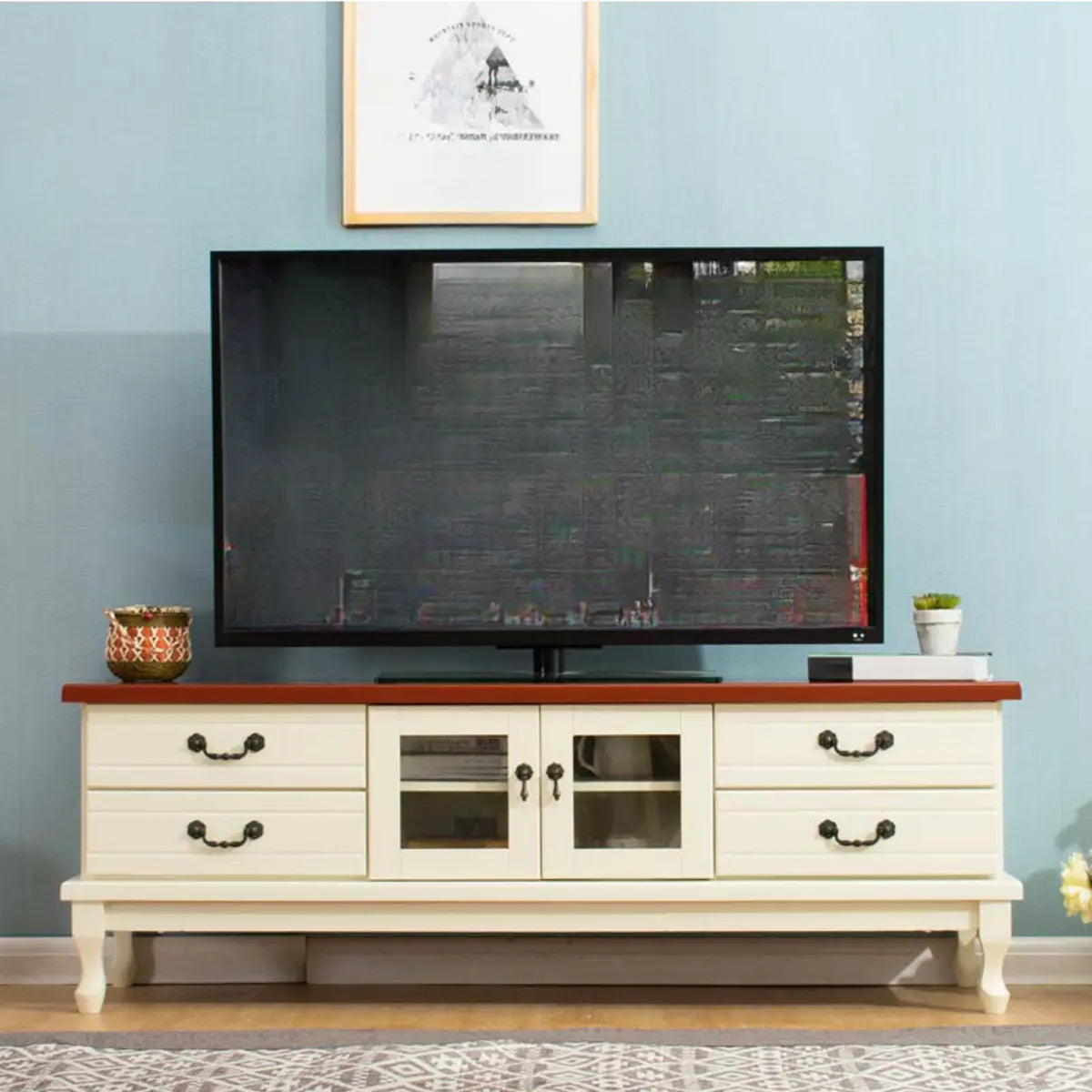 Burgundy Wooden TV Stand with Drawers and Cabinet Image - 9