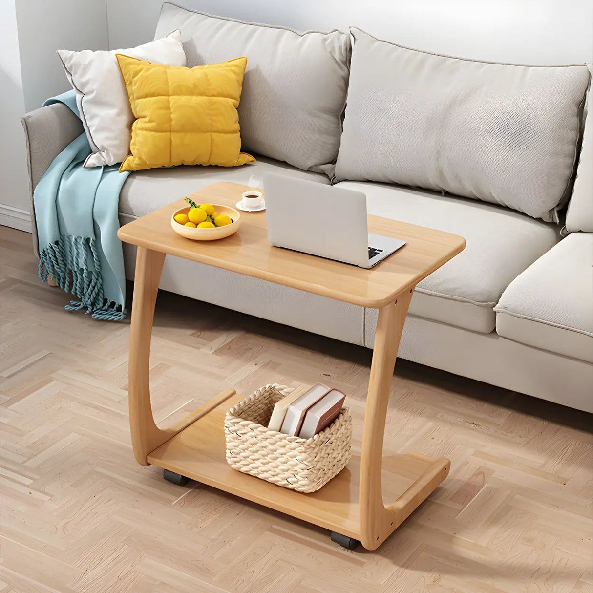 C-Shaped Walnut Brown Multipurpose Casters Side Table Image - 15