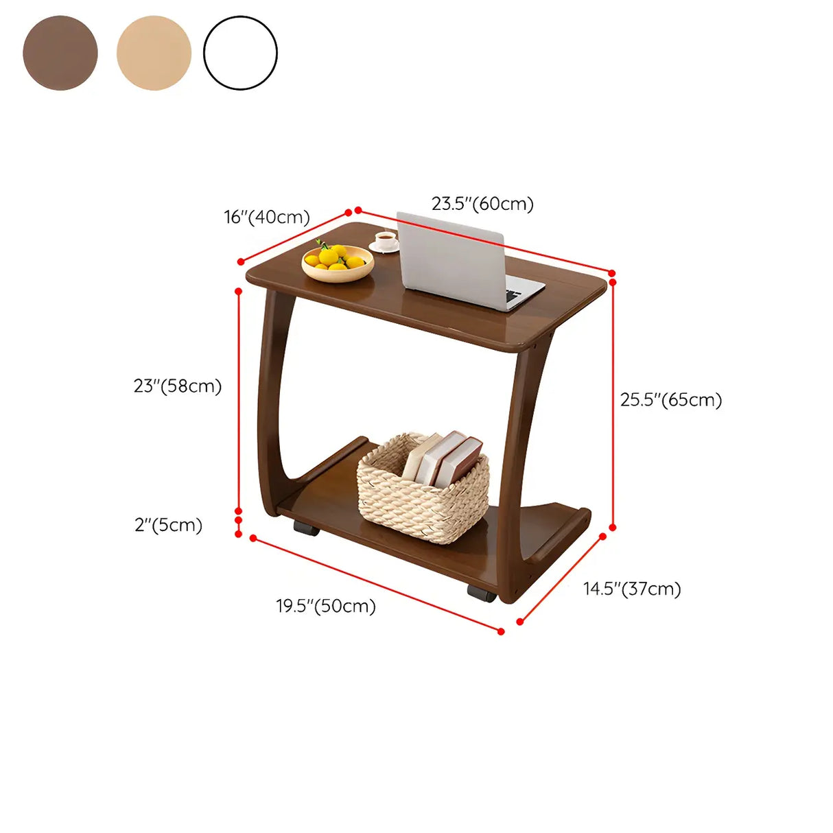 C-Shaped Walnut Brown Multipurpose Casters Side Table
