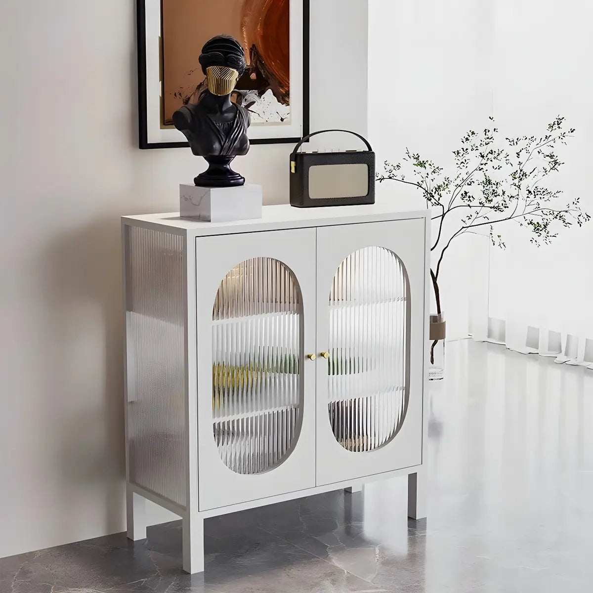 Cabinets Metal White Sideboard with Clear Glass Doors Image - 1