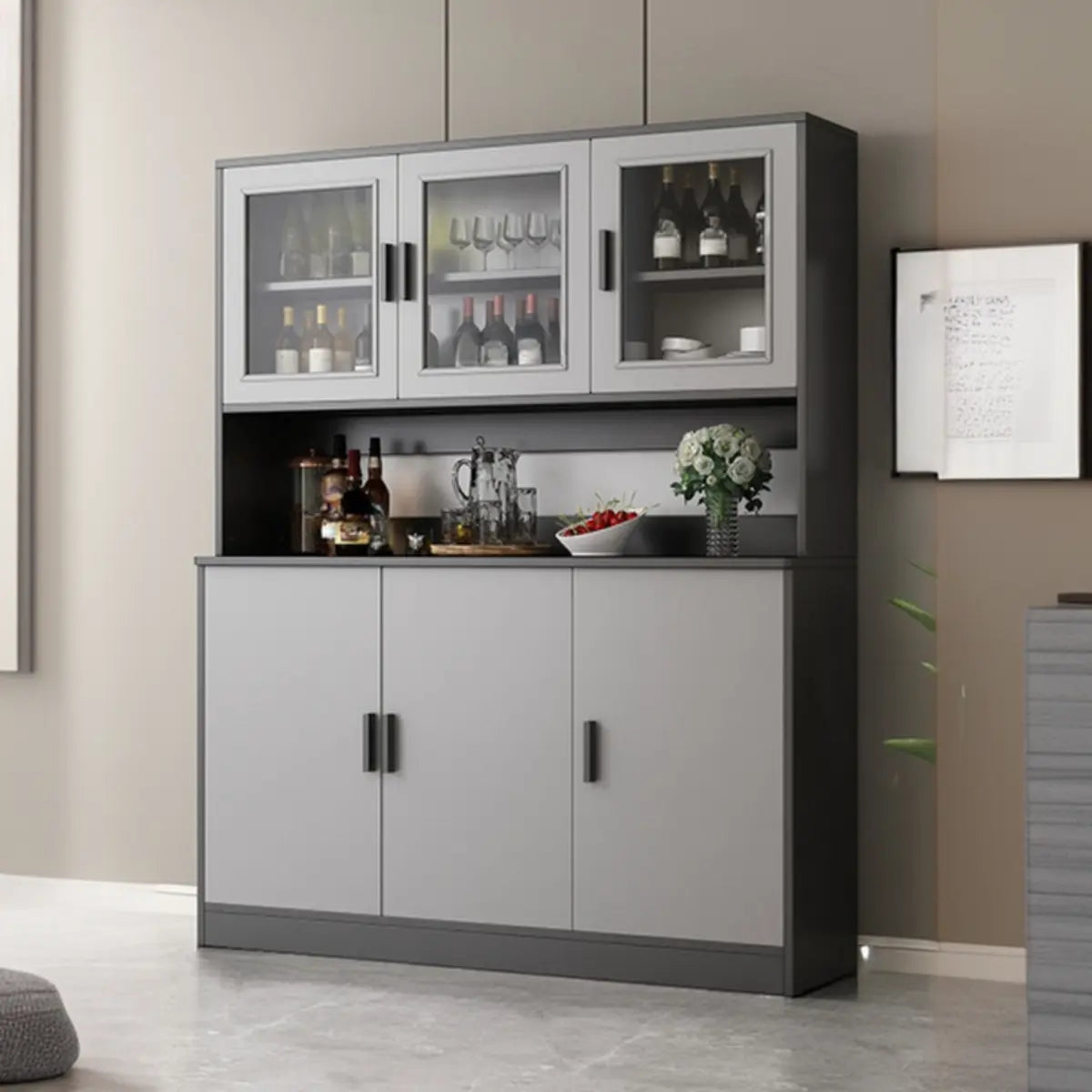 Cabinets Narrow Grey Wood Large Open Storage Buffet Image - 2