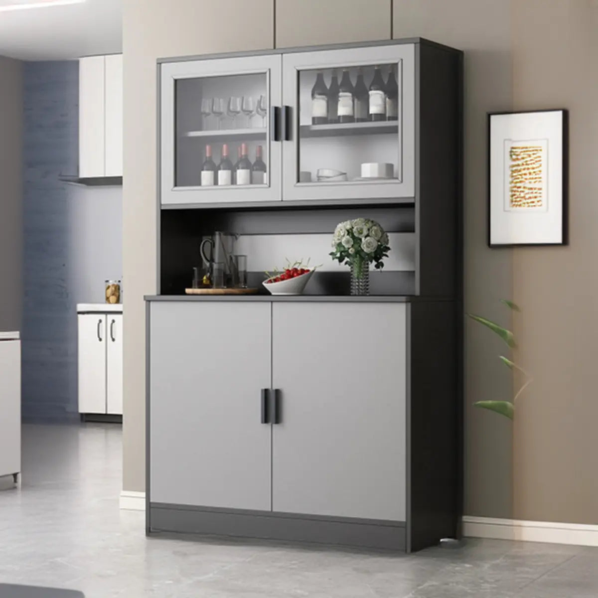 Cabinets Narrow Grey Wood Large Open Storage Buffet Image - 3