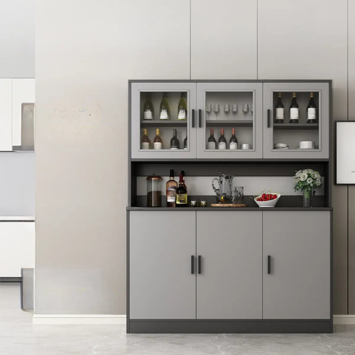 Cabinets Narrow Grey Wood Large Open Storage Buffet Image - 4