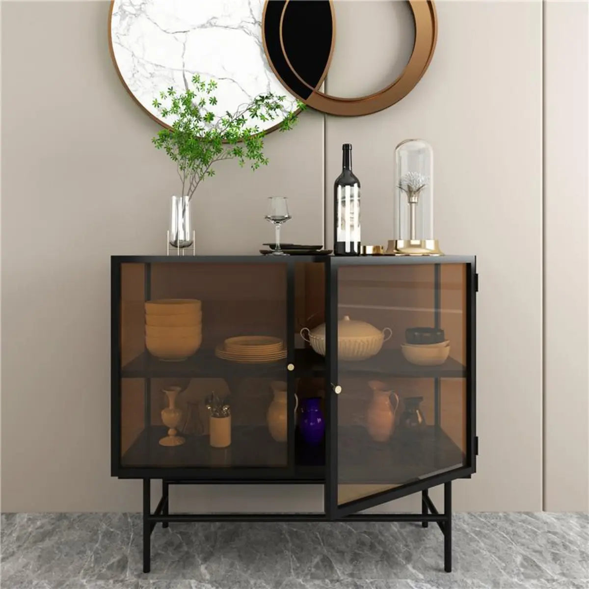 Cabinets Shelves Metal Black Buffet with Glass Doors Image - 1