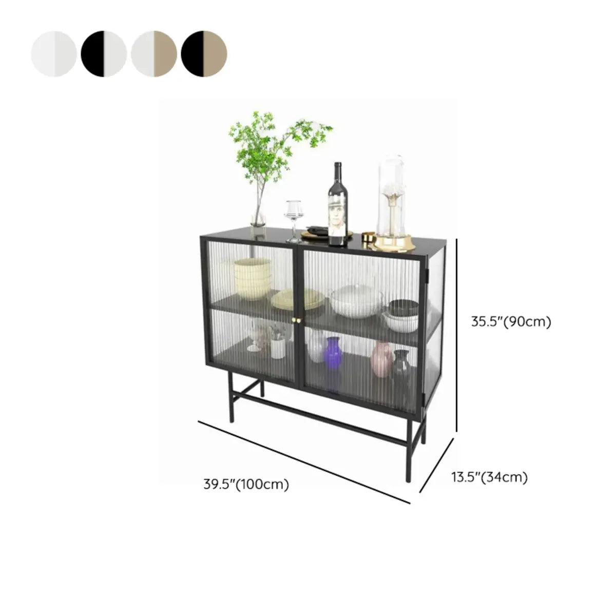 Cabinets Shelves Metal Black Buffet with Glass Doors Image - 10