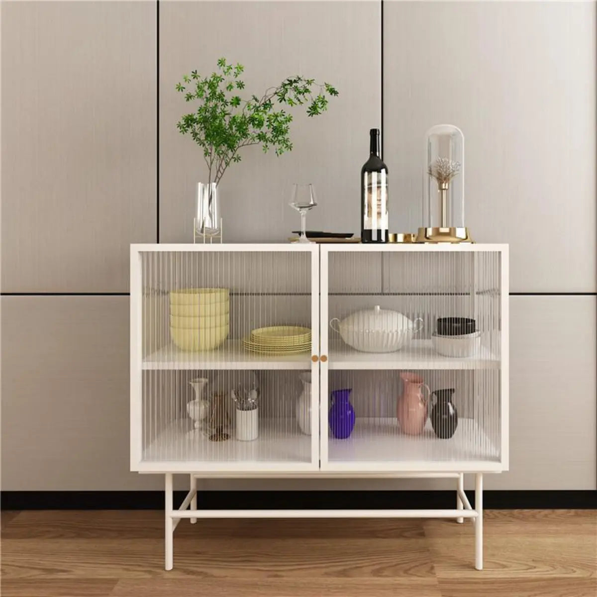 Cabinets Shelves Metal Black Buffet with Glass Doors Image - 2